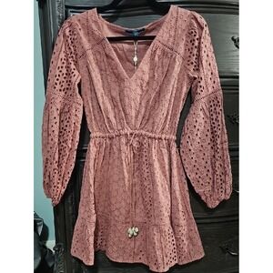 Shore Eyelet Mini Dress Terracotta Rose V-Neck Cowrie Shell XS‎ NEW